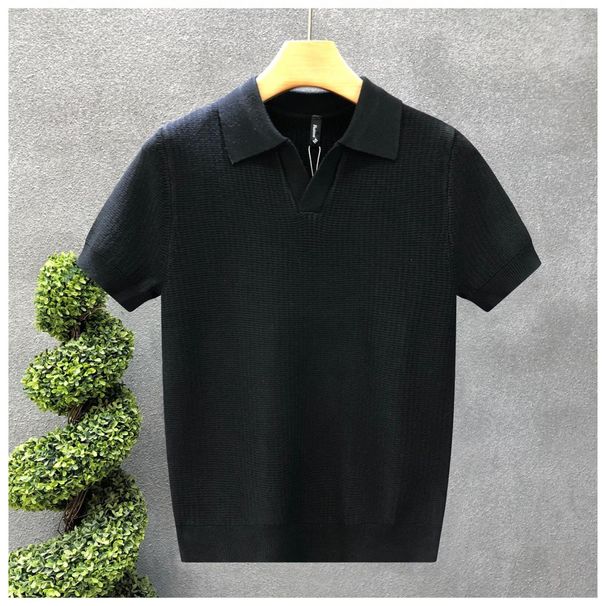 Men's Slim Fit V Neck Polo Shirt Handsome Solid Color Knitted Short Sleeve Casual Retro Korean Style Trendy Top_viptrois.com