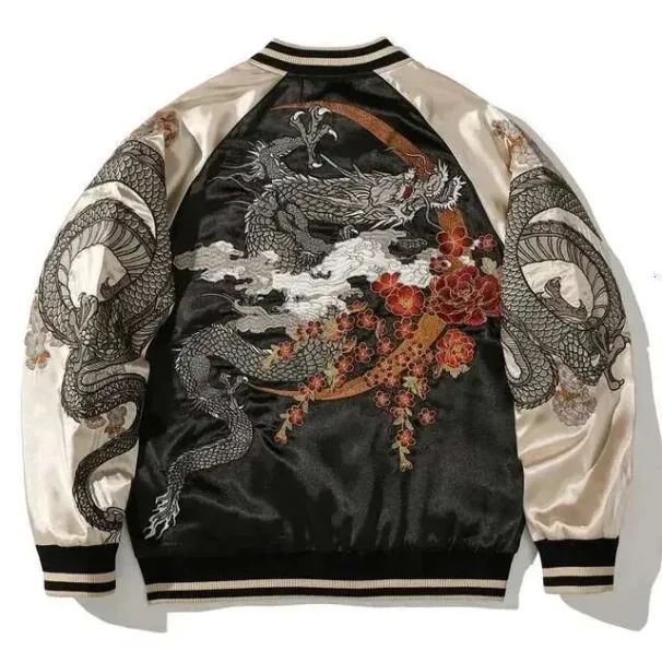 Embroidered Dragon Hip Hop Contrast Color High Street Baseball Coat Haruku Trendy Outerwear Casual Loose Jacket For Men_viptrois.com