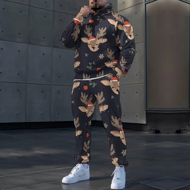 Pure Autumn Winter Loose Fit 3D Men's Hoodie Sweatshirt Christmas Print Sports Two-Piece Set Cross-Border Trend_viptrois.com