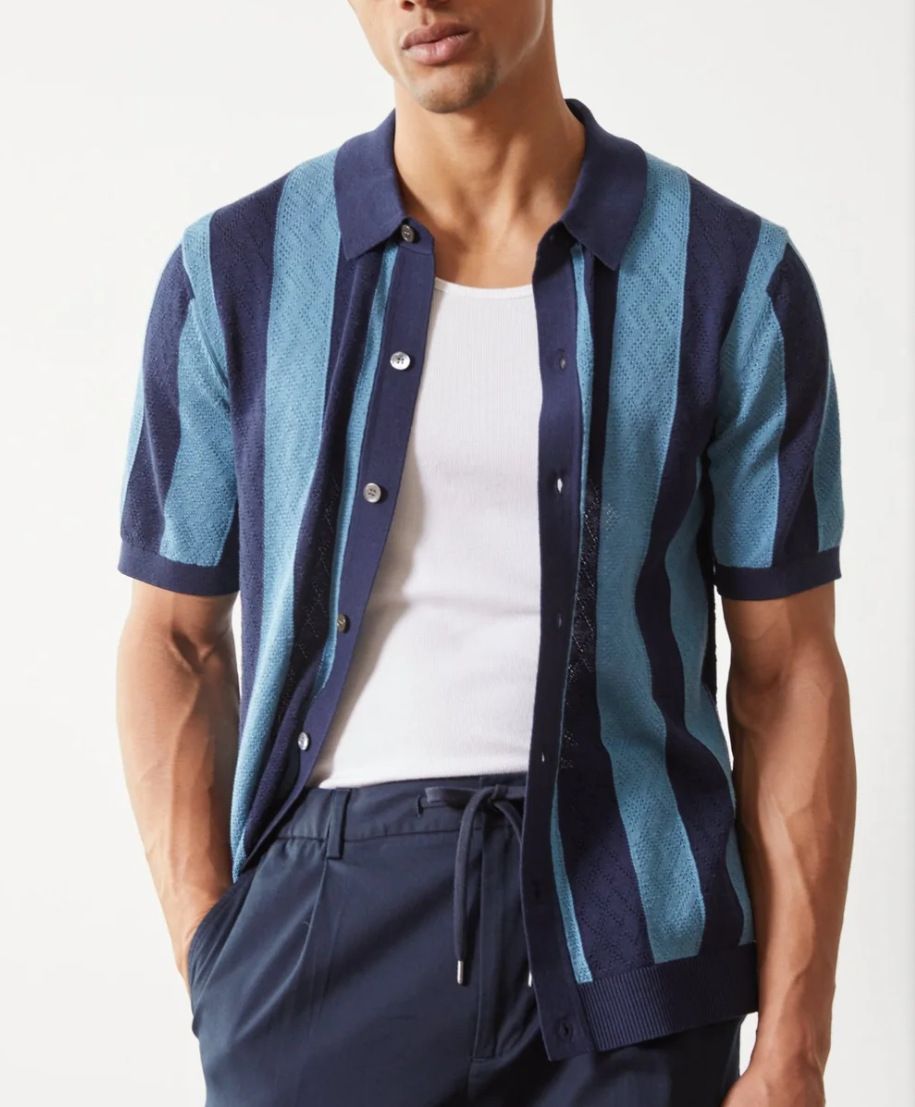 Cross Border Fashion Men's Polo Shirt Hollow Breathable Summer Knitted Sweater Top Cardigan_viptrois.com