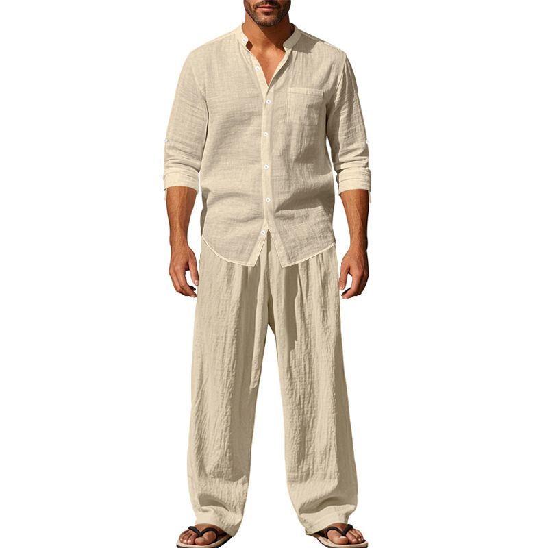 Men's Linen Casual Shirt & Pants Set - Breathable Long Sleeve Beach Outfit For All Seasons (White/Black/Grey/Khaki/Light Blue, S-XXXL)_viptrois.com