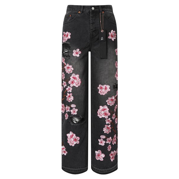 Men's Clothing peach blossom embroidery fashionable and casual simple loose wide leg casual jeans for men_viptrois.com