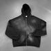 Men's Clothing Vintage Washed Cotton Zip-Up Hoodie – Distressed Two-Way Zipper, Raw Hem & Patch Pockets, Streetwear Oversized Fit (Black/Purple)_viptrois.com