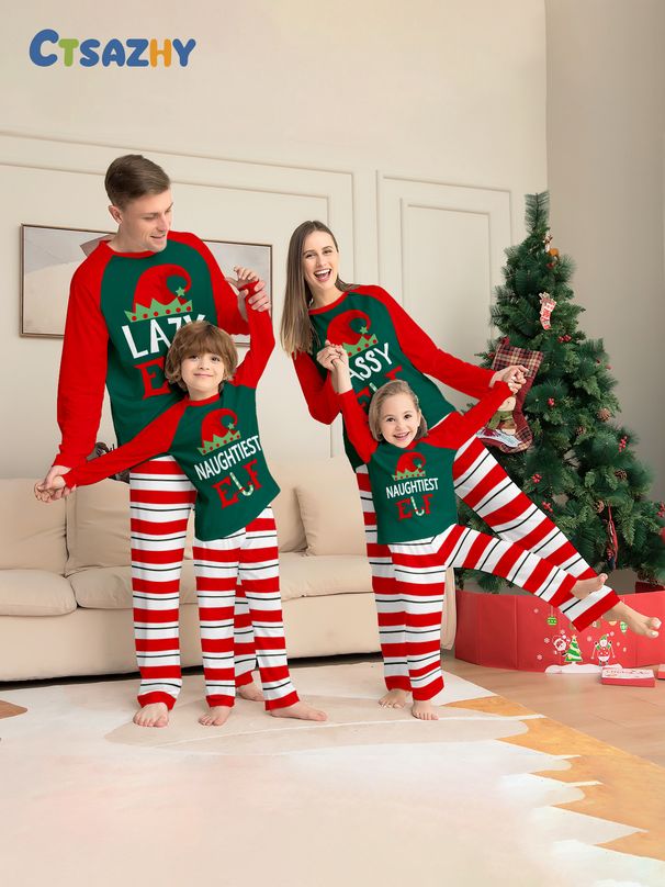 Christmas Santa hat alphabet stripes Christmas family suit printed home suit pajamas_viptrois.com