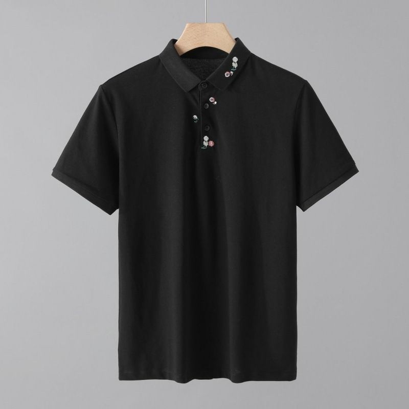 Men's Floral Embroidered Polo Shirt – Breathable Short-Sleeve Slim Fit, Casual & Versatile (M-3XL, White/Black)_viptrois.com
