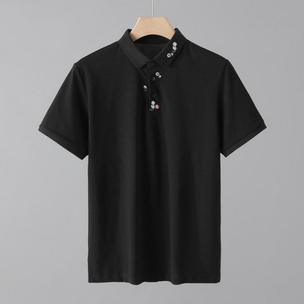 Men's Floral Embroidered Polo Shirt – Breathable Short-Sleeve Slim Fit, Casual & Versatile (M-3XL, White/Black)_viptrois.com