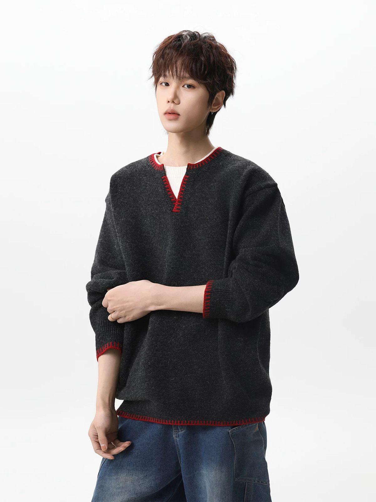 V-neck Sweater Men's Spring High Street Color Blocked Knit Sweater Trendy Brand Casual Interior_viptrois.com