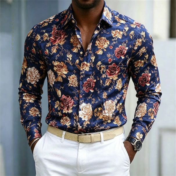Camisa De Hombre Nueva 2026, Estilo Retro Con Rosas, Fondo Azul, Estampado De Rosas Rojas Y Doradas, Camisa De Manga Larga Entallada, Estilo Urbano_viptrois.com