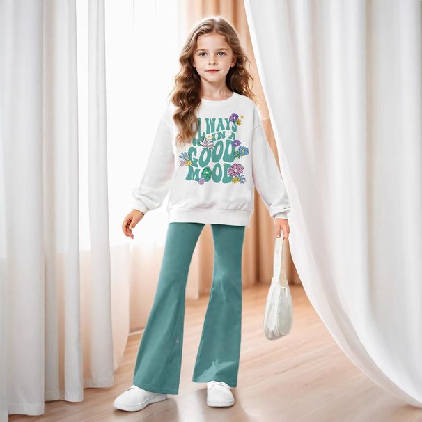 Mother & Kids INS Girls Girls Floral And Slogan Pattern Drop Shoulder Pullover And Flared Pants Two Piece Set_viptrois.com