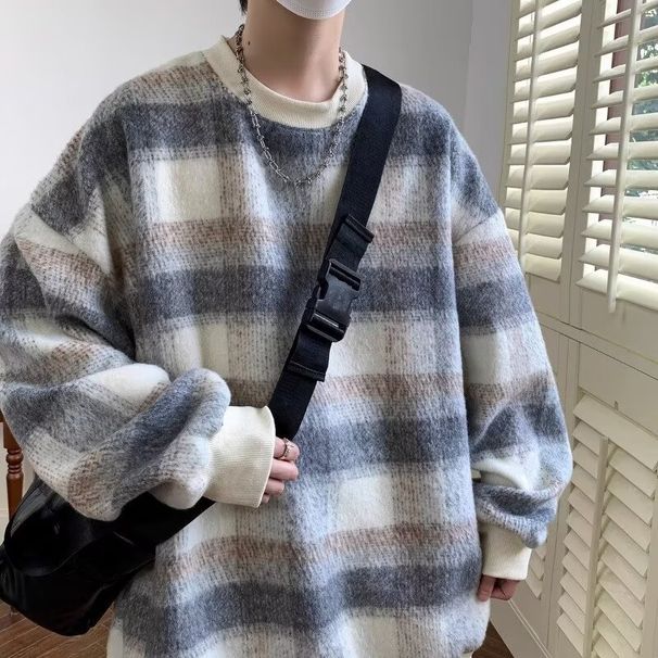 New plaid woolen sweatshirt for men, trendy student top, autumn and winter round neck long sleeved T-shirt jacket_viptrois.com