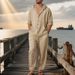 Men's Linen Hooded Shirt And Pants Set - Casual Loose Fit Beachwear For Spring & Fall - Breathable Long Sleeve Top With Relaxed Fit Trousers_viptrois.com