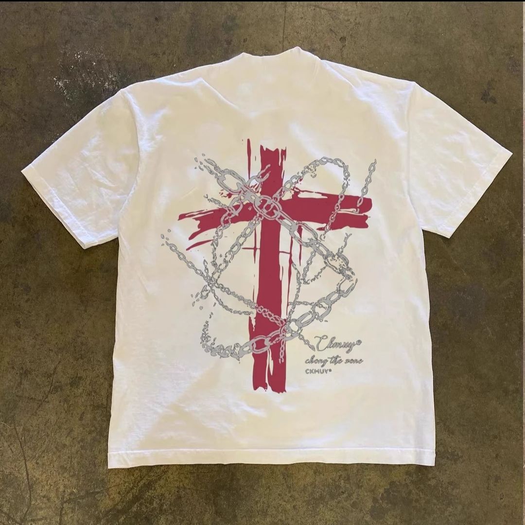 American High Street Chain Cross Printed T-shirt For Men, Trendy And Casual Round Neck 230g Pure Cotton Short Sleeved_viptrois.com