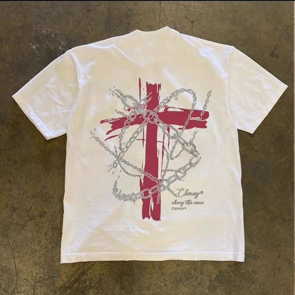 American High Street Chain Cross Printed T-shirt For Men, Trendy And Casual Round Neck 230g Pure Cotton Short Sleeved_viptrois.com