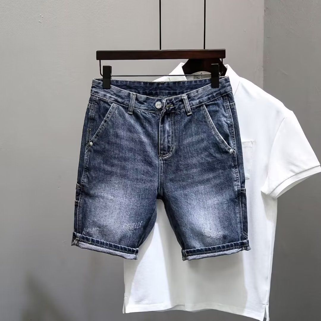 Large Size Blue Denim Shorts, Haren Straight Leg Loose Fit Five Quarter Pants, Heavy-duty Washed And Worn Horse Pants_viptrois.com