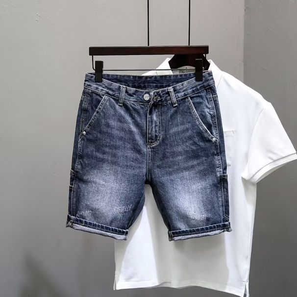 Large Size Blue Denim Shorts, Haren Straight Leg Loose Fit Five Quarter Pants, Heavy-duty Washed And Worn Horse Pants_viptrois.com
