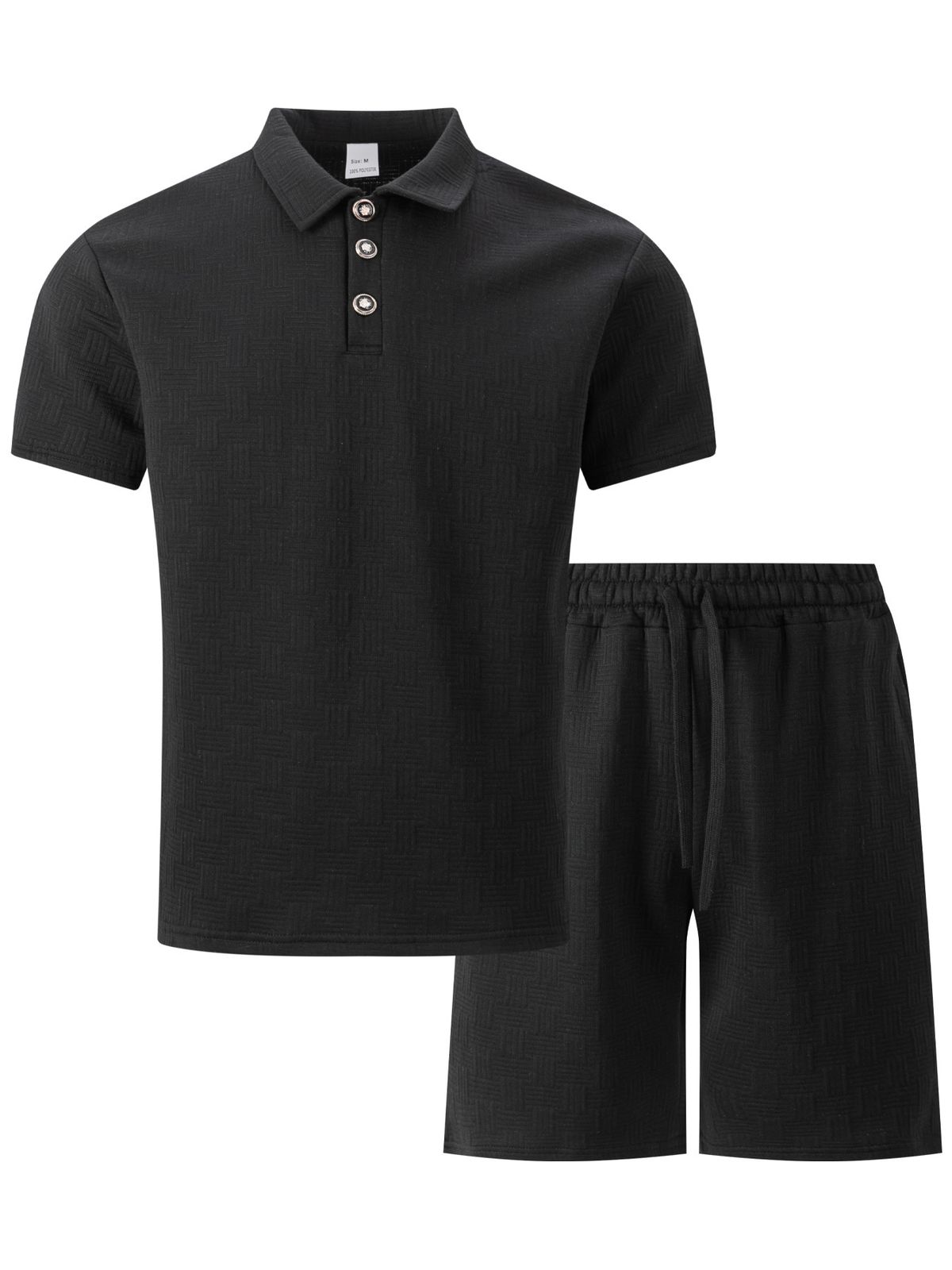 Summer New Men's Jacquard Solid Color Casual Lapel Button Polo Shirt Short Sleeve Shorts Suit_viptrois.com