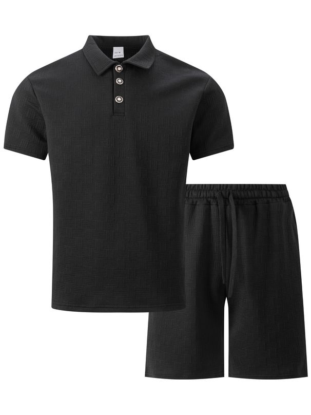Summer New Men's Jacquard Solid Color Casual Lapel Button Polo Shirt Short Sleeve Shorts Suit_viptrois.com
