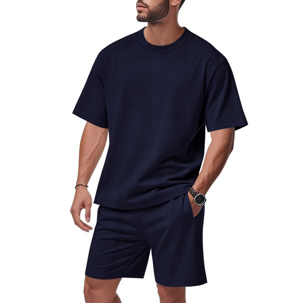Men's Summer Jacquard Suit Set – Short Sleeve T-Shirt & Shorts Two-Piece Outfit (Black, White, Navy Blue, Greyish, Khaki) – Breathable & Stylish_viptrois.com