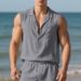 Men's Summer New Loose Linen Simple Casual Sleeveless Cardigan Beach Shirt_viptrois.com