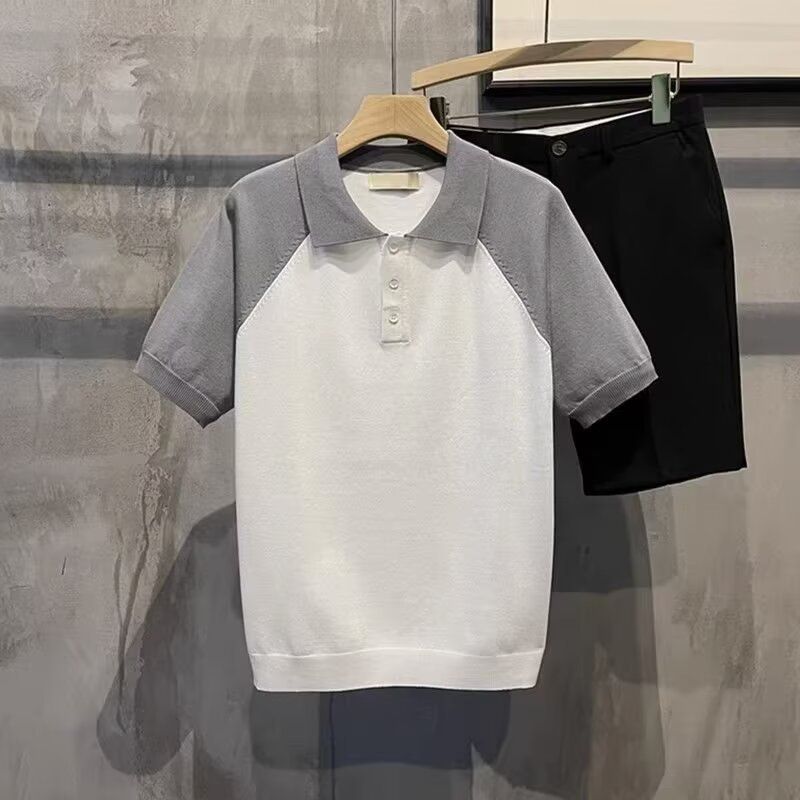 Men's Clothing Stylish Contrast Color Knit Casual Short Sleeve Collared T-Shirt For Summer, Breathable & Comfortable Fit (Grey/White, Sizes M-3XL)_viptrois.com