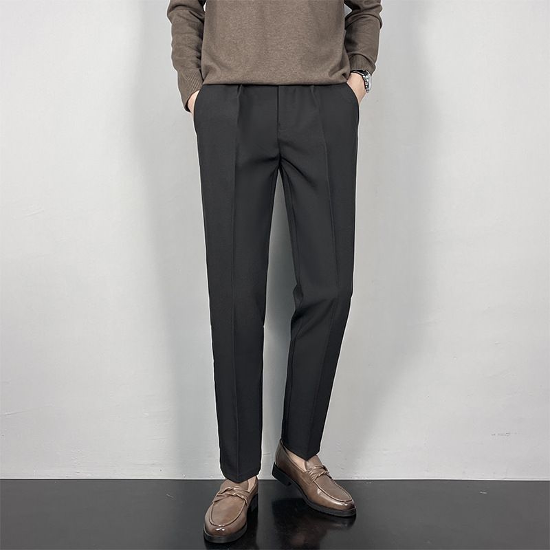 Men's Slim Fit Straight Leg Cropped Trousers High Quality Black Fleece Lined Suit Perfect for Autumn And Winter_viptrois.com