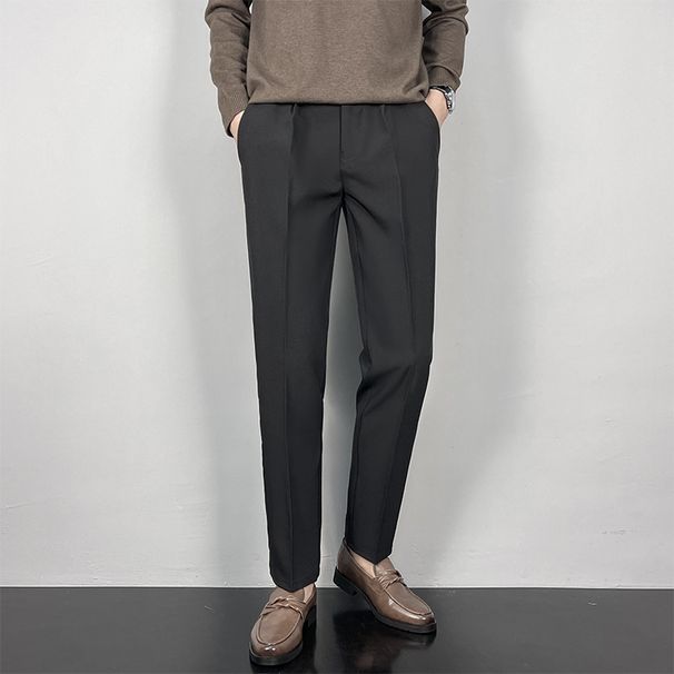 Men's Slim Fit Straight Leg Cropped Trousers High Quality Black Fleece Lined Suit Perfect for Autumn And Winter_viptrois.com