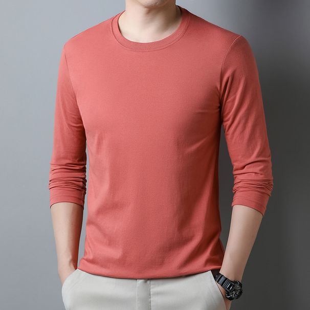 Men's T-Shirt 100% Combed Cotton Spring And Autumn New Long Sleeved Solid Color Hoodie Round Neck Pullover Fashionable_viptrois.com