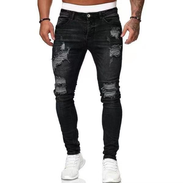 Men's Clothing New fashion slim fit men's trousers denim holes slim quality denim_viptrois.com