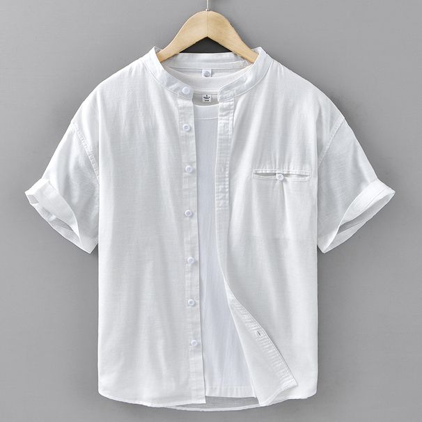 Linen Shirt Men's Short Sleeved Shirt Loose Men's Chinese Style Summer Cotton Linen Solid Color Simple Stand Up Collar Top_viptrois.com