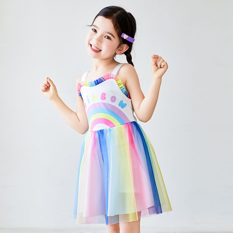 Dopamine Summer Children's Swimsuit Girls Gradient Rainbow Princess Style Swim Skirt Beach Vacation Cute Swimsuit Dress_viptrois.com