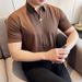 Men's Clothing The New Men's Elastic V Neck Short Sleeved Polo Shirt Light Luxury Texture Dark Stripes Ice Silk Seamless Lapel T Shirt_viptrois.com
