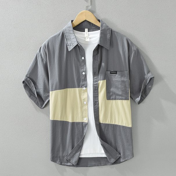 Trendy Patchwork Short Sleeved Shirt For Men, Fashionable And Versatile, Casual And Artistic Loose Top_viptrois.com