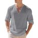 Men's Relaxed Fit V-Neck Linen Long Sleeve T-Shirt - Breathable Pure Color Casual Top For Autumn (S-XXXL)_viptrois.com