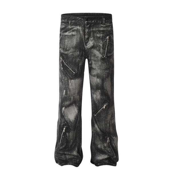 Men's Clothing High Street Washed Zipper Retro Jeans Spring And Summer Design Flared Paint Tie Dye Pants_viptrois.com