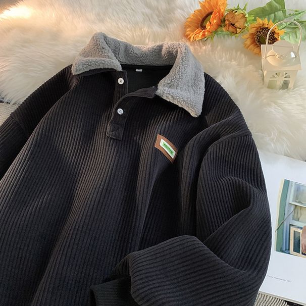 Lamb Wool Polo Collar Sweatshirt For Men With Thick Corduroy Jacket And Top_viptrois.com