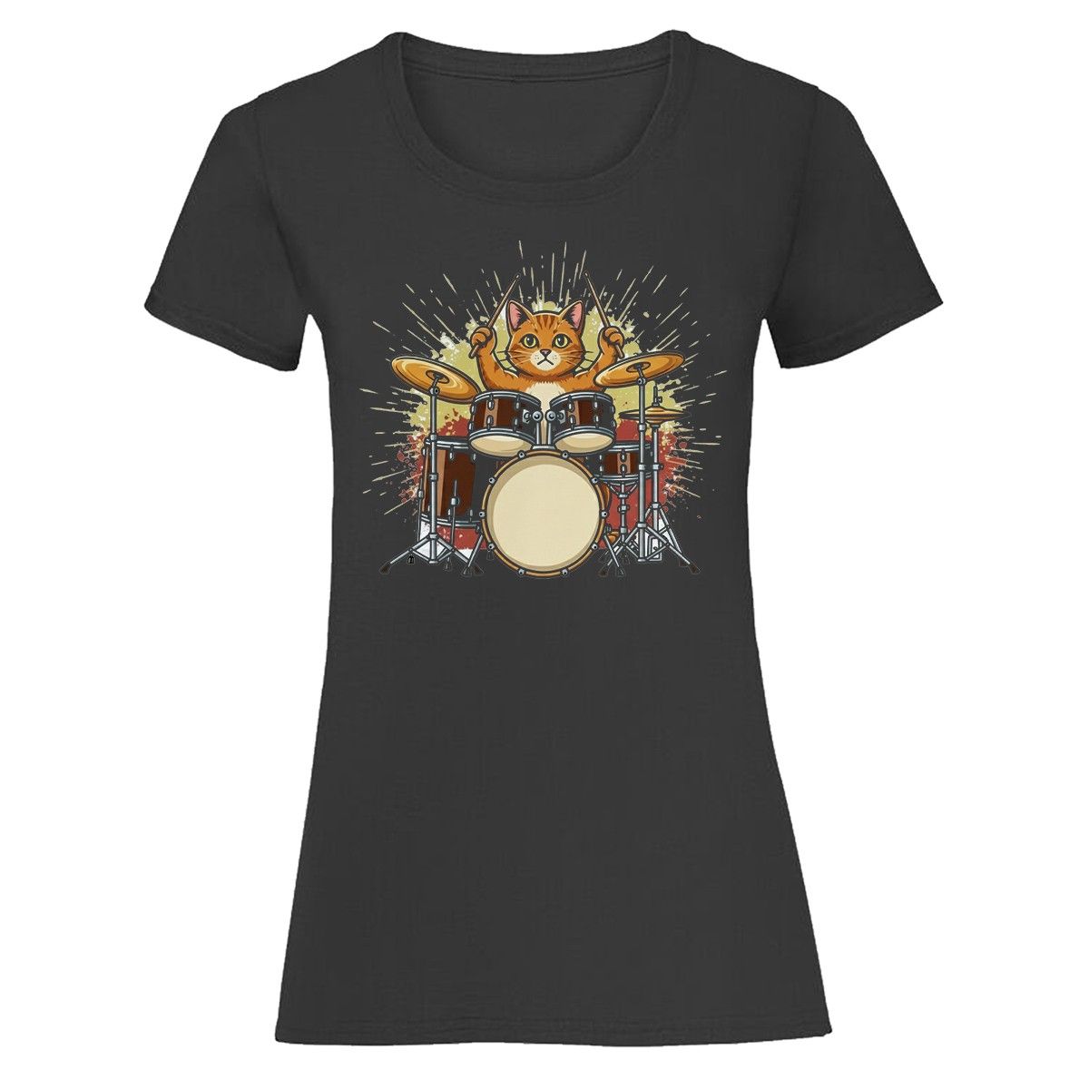 Cat Drumming Music Womens 100% Cotton T-shirt Mens Tees Top Drumset Feline Animal Tee_viptrois.com