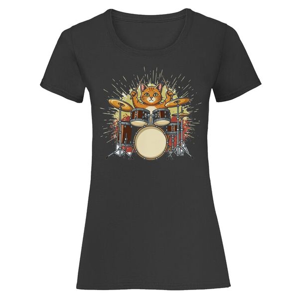Cat Drumming Music Womens 100% Cotton T-shirt Mens Tees Top Drumset Feline Animal Tee_viptrois.com