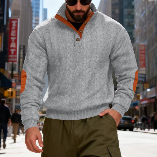 Men's Heavyweight Textured Pullover Sweatshirt Winter Casual Henley Neck Streetwear Top With Contrast Panels_viptrois.com