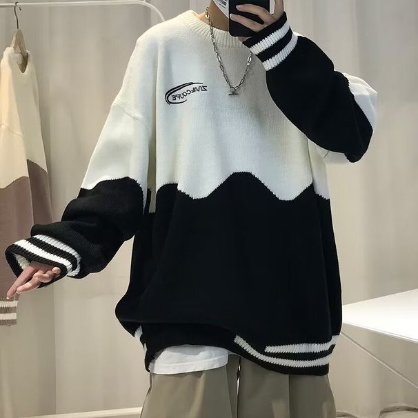 Color Blocked Round Neck Sweater Men's Striped Men's Thread Jacket Loose Knit Sweater_viptrois.com