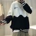 Color Blocked Round Neck Sweater Men's Striped Men's Thread Jacket Loose Knit Sweater_viptrois.com