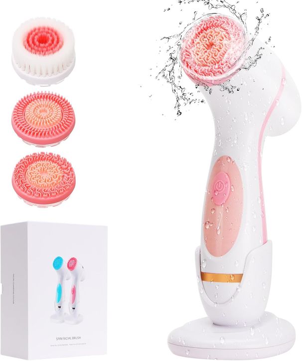 Facial Cleansing Brush, Waterproof Dual-Rotation Face Scrubber Exfoliator With 3 Brush Heads And 2 Adjustable Speeds (Pink)_viptrois.com