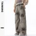 Men's Clothing Thai King Men's Wear 2024 Retro Autumn and Winter Spray Paint Multi Pocket Loose Casual Mopping Pants Men's Trousers_viptrois.com