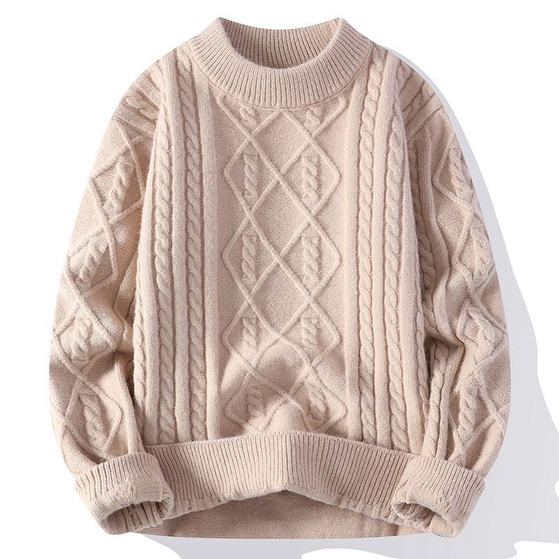 Men's Textured Knit Sweater – Winter Casual Crewneck Pullover (Black/White/Navy/Khaki) – Oversized Fit & Breathable Polyester Blend_viptrois.com