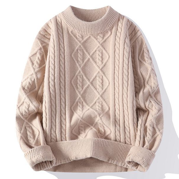 Men's Textured Knit Sweater – Winter Casual Crewneck Pullover (Black/White/Navy/Khaki) – Oversized Fit & Breathable Polyester Blend_viptrois.com