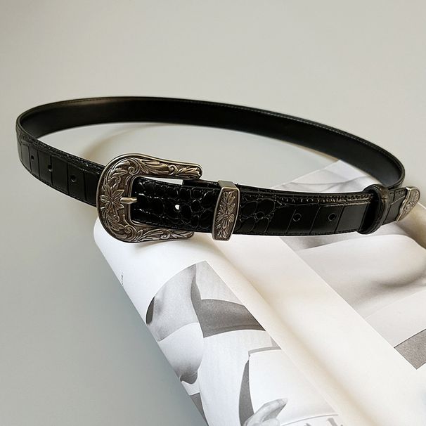 New retro Hong Kong style two-layer cowhide belt French elegant carved silver pin buckle belt to tighten the waist and match with jeans_viptrois.com