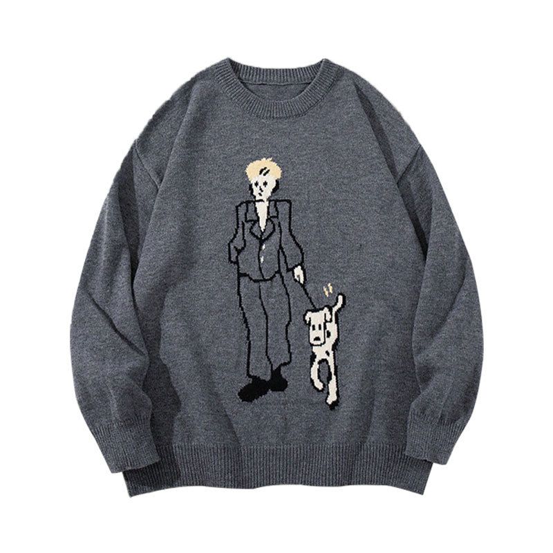 YWFG Men's Cartoon Jacquard Sweater - Oversized Casual Knit Pullover With Unique Pattern Design, Soft Polyester Fabric, Unisex Comfort Fit For Teens_viptrois.com