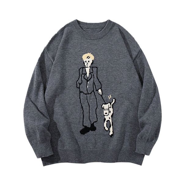 YWFG Men's Cartoon Jacquard Sweater - Oversized Casual Knit Pullover With Unique Pattern Design, Soft Polyester Fabric, Unisex Comfort Fit For Teens_viptrois.com