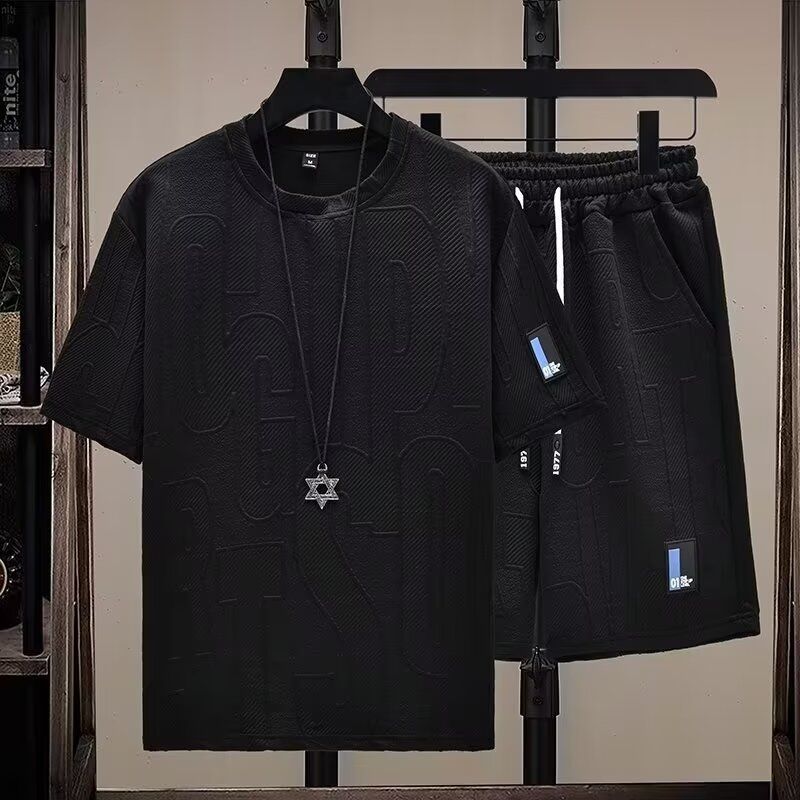 Men's Clothing Summer T Shirt Short Sleeved Two Piece Suit For Men Trendy Casual Sports Men's Breathable Waffle Jacquard Suit Edging_viptrois.com