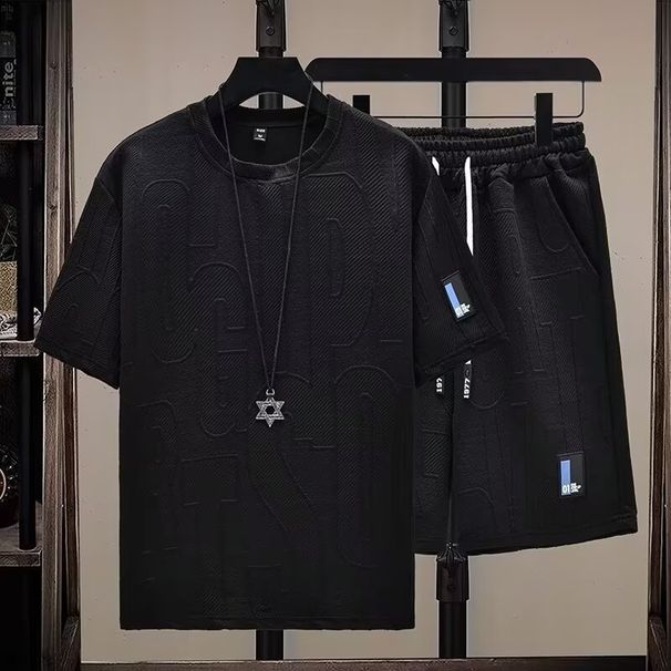 Men's Clothing Summer T Shirt Short Sleeved Two Piece Suit For Men Trendy Casual Sports Men's Breathable Waffle Jacquard Suit Edging_viptrois.com