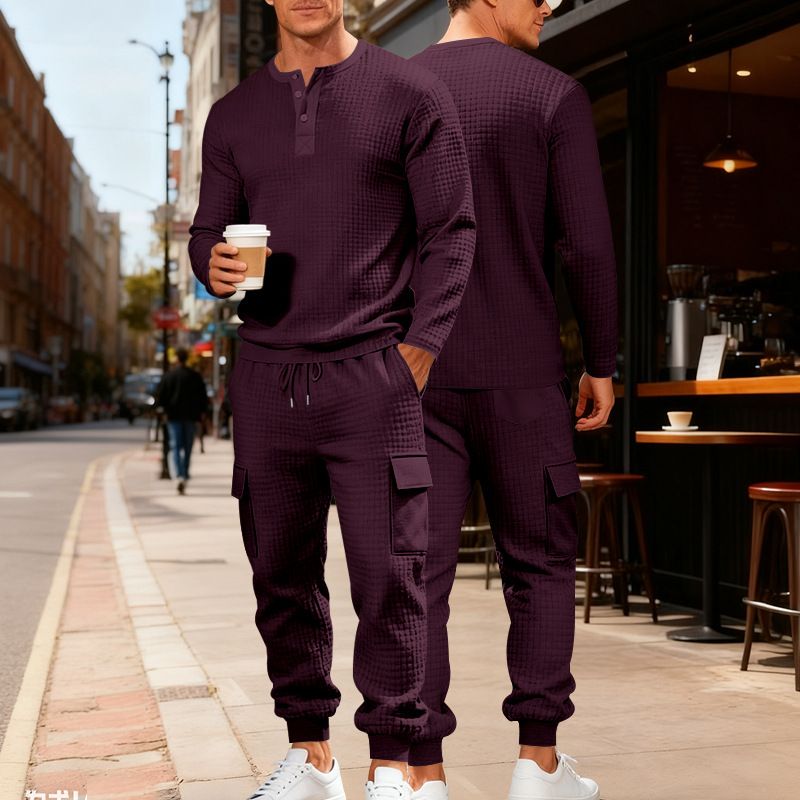 Men's Casual Workwear Set - Loose Fit Long Sleeve T-Shirt & Pants For Commuting, Outdoor & Sports (Black, White, Khaki, Burgundy, Light Gray_viptrois.com